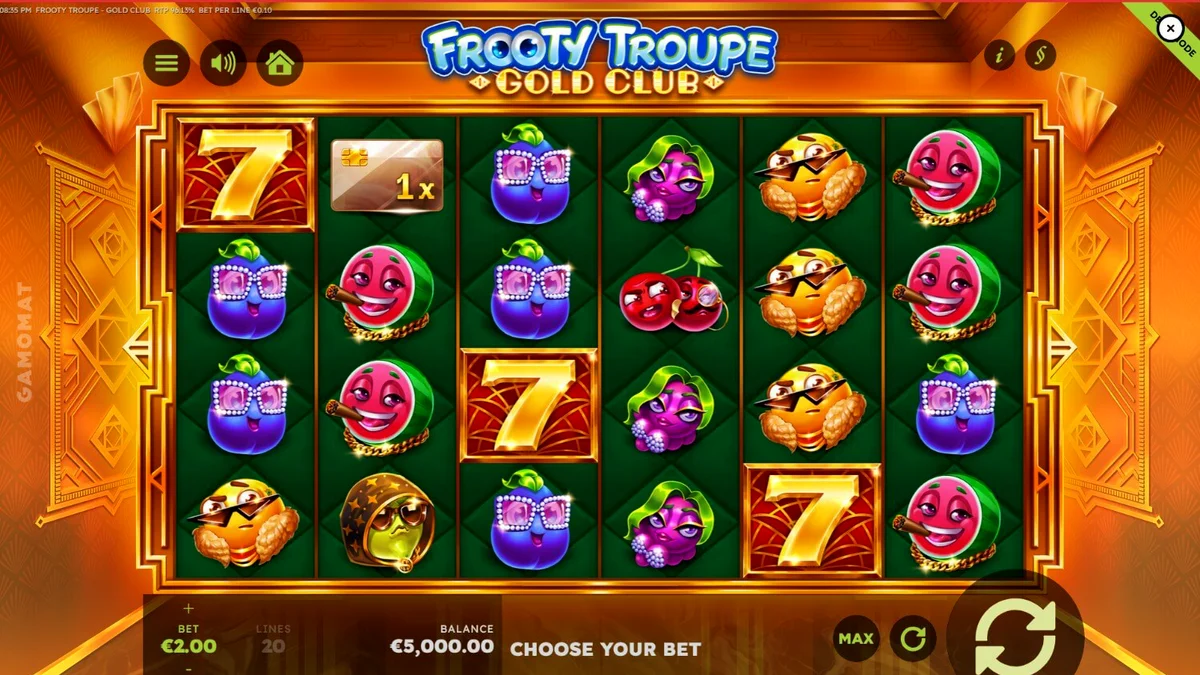 Tampilan visual mewah slot Frooty Troupe – Gold Club dengan tema emas dan buah-buahan.