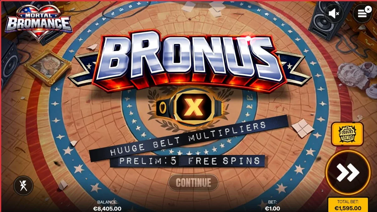 Tampilan layar permainan slot Mortal Bromance dengan karakter kartun di atas ring
